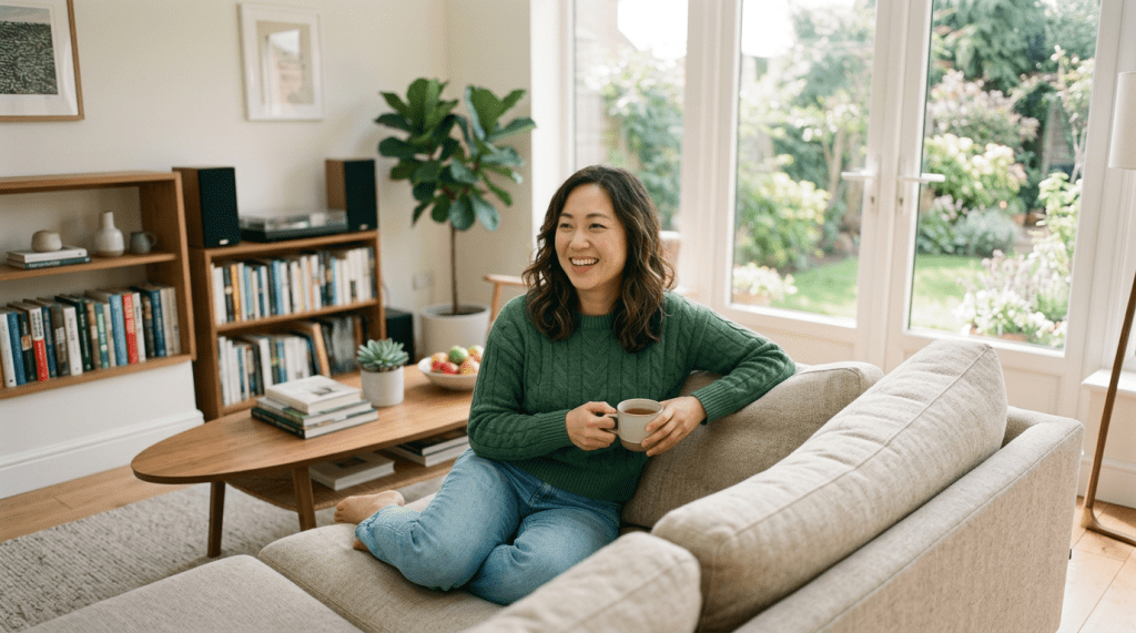 Smiling woman in green sweater sitting on beige couch holding a coffee cup indoors